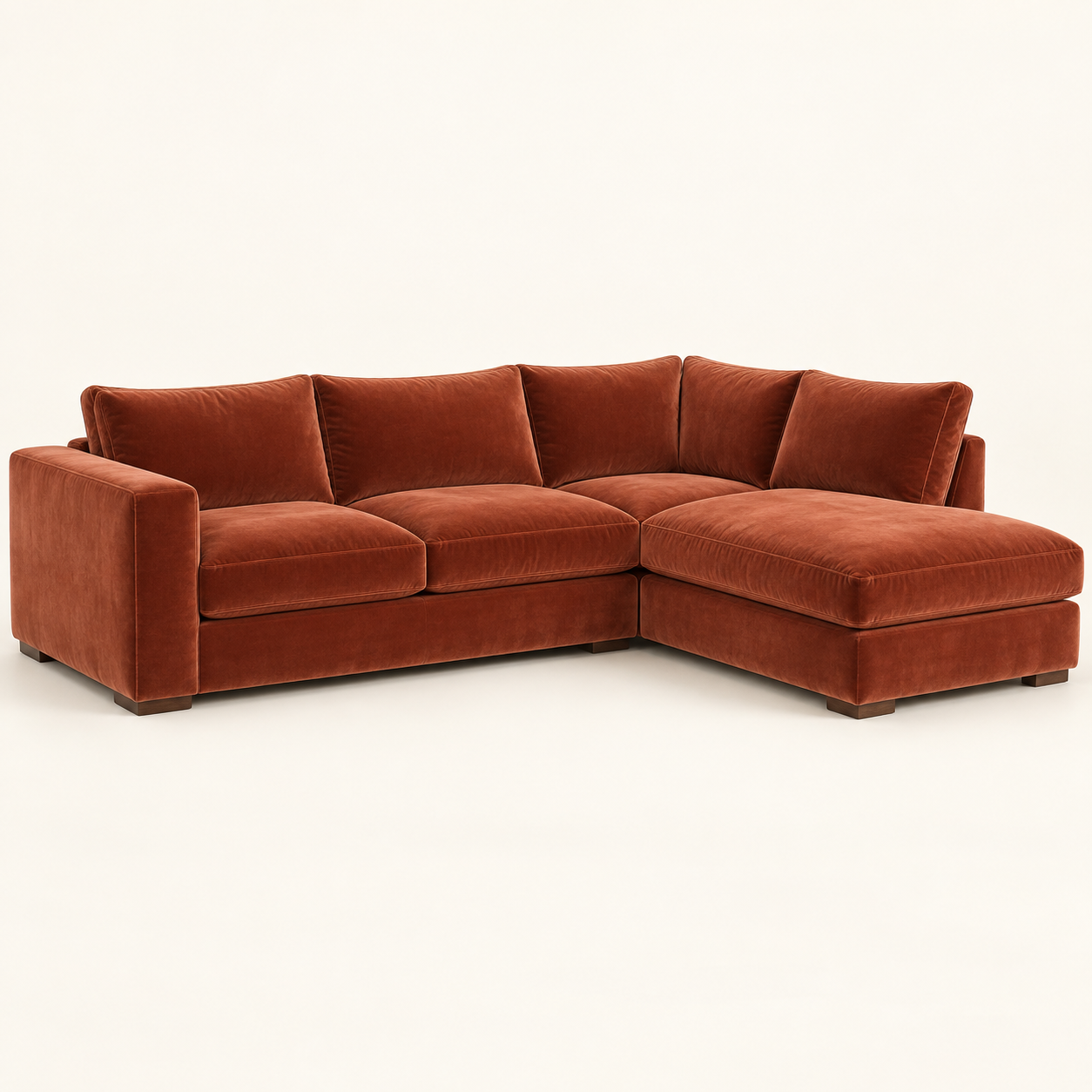 Rust velvet L-shaped couch